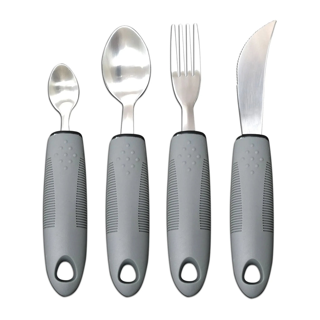 Stainless steel adaptive cutlery set with black rubber handles, showing spoon and fork.