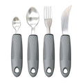 Stainless steel adaptive cutlery set with black rubber handles, showing spoon and fork.