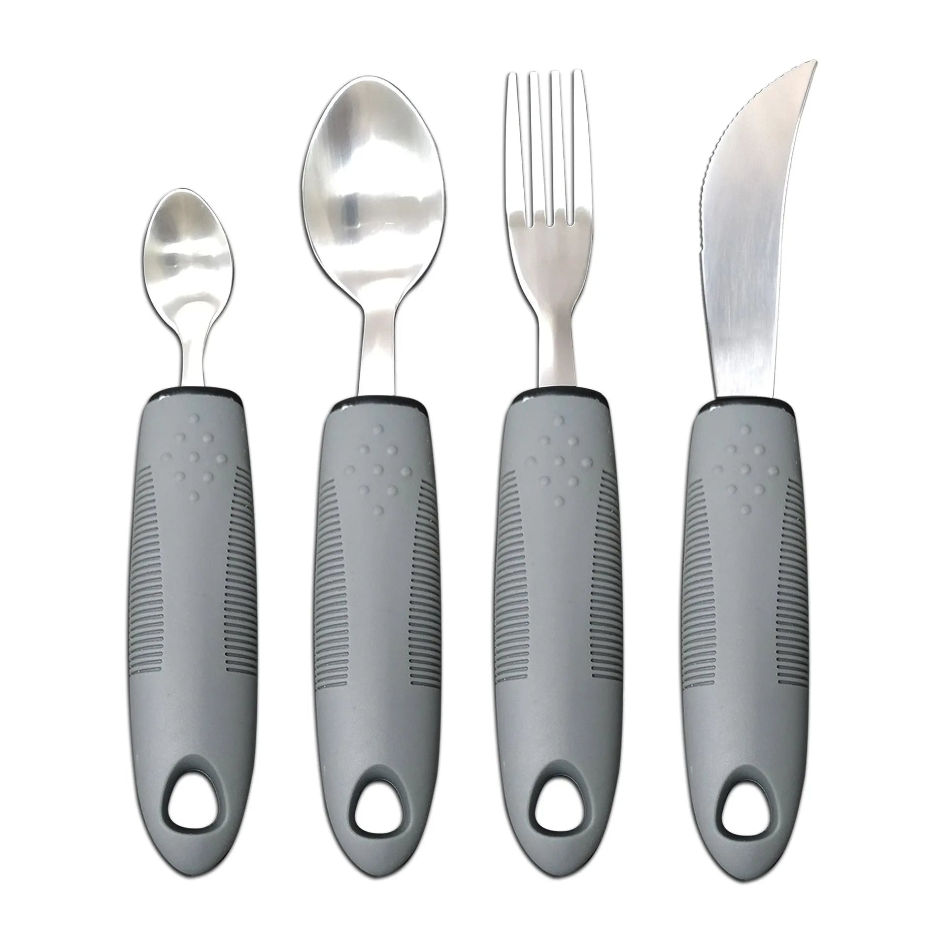Stainless steel adaptive cutlery set with black rubber handles, showing spoon and fork.