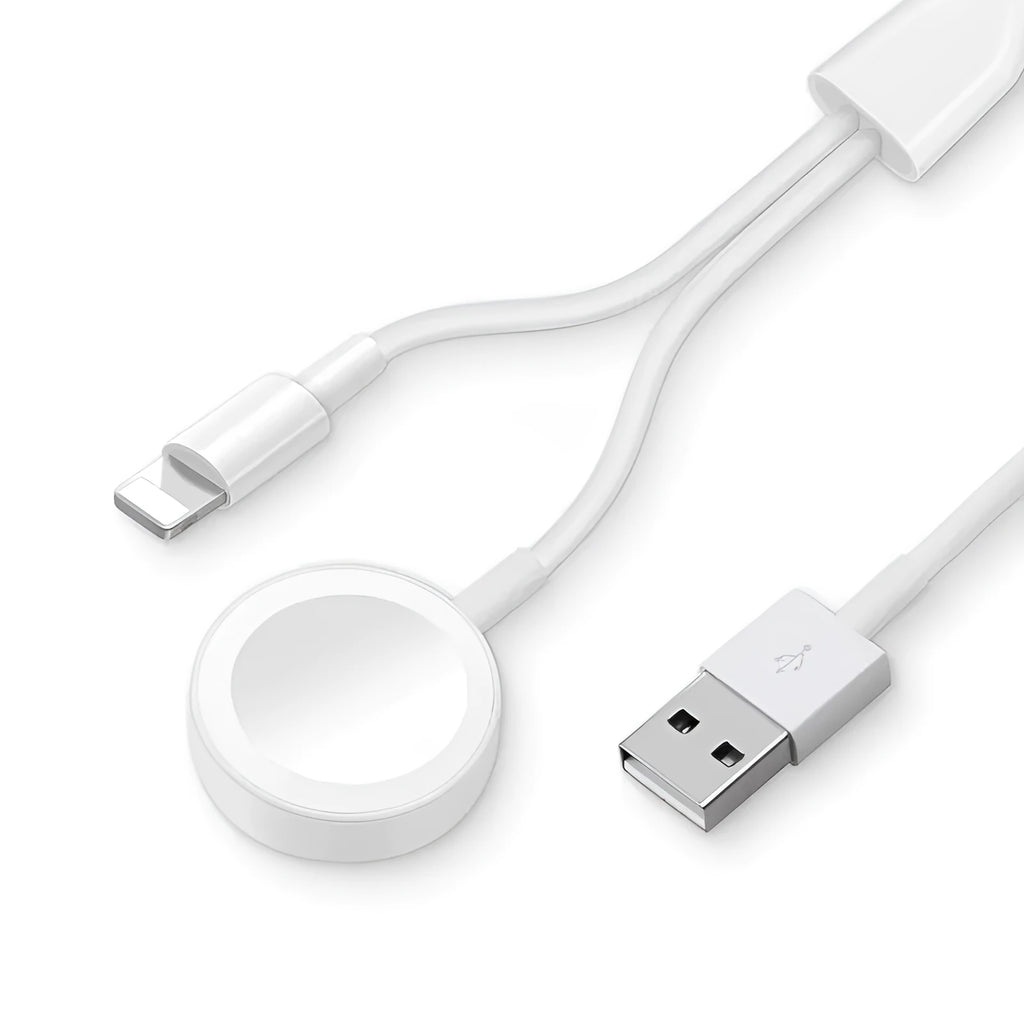 White two-in-one wireless charging dock with USB cable for smartwatch and device charging