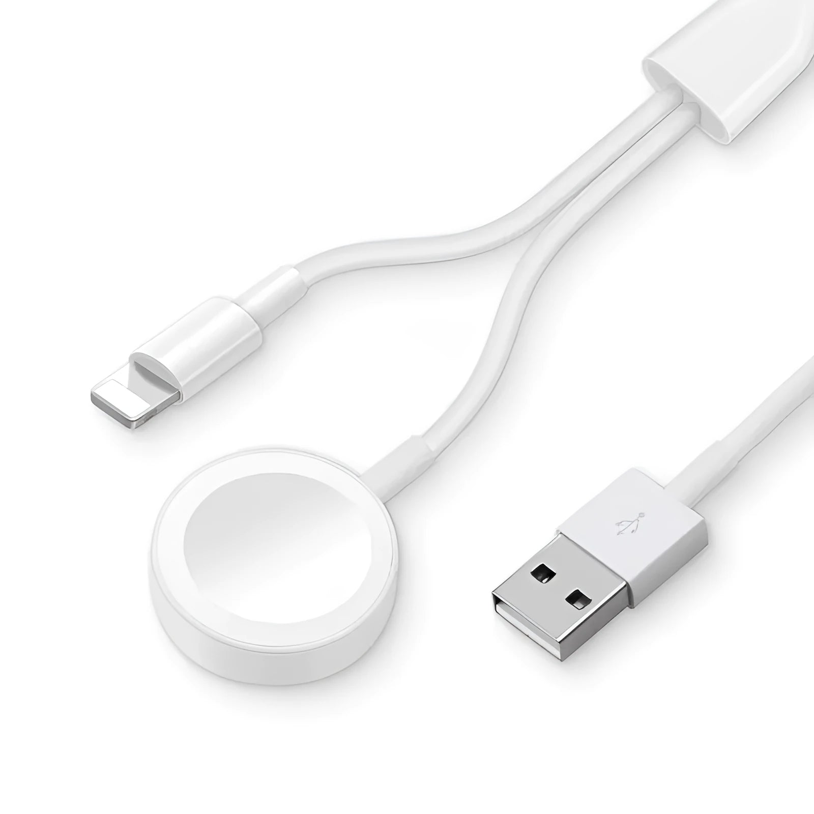 White two-in-one wireless charging dock with USB cable for smartwatch and device charging