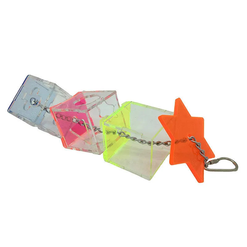 Clear acrylic parrot foraging toy measuring 5 cm by 5 cm by 32 cm for bird treats