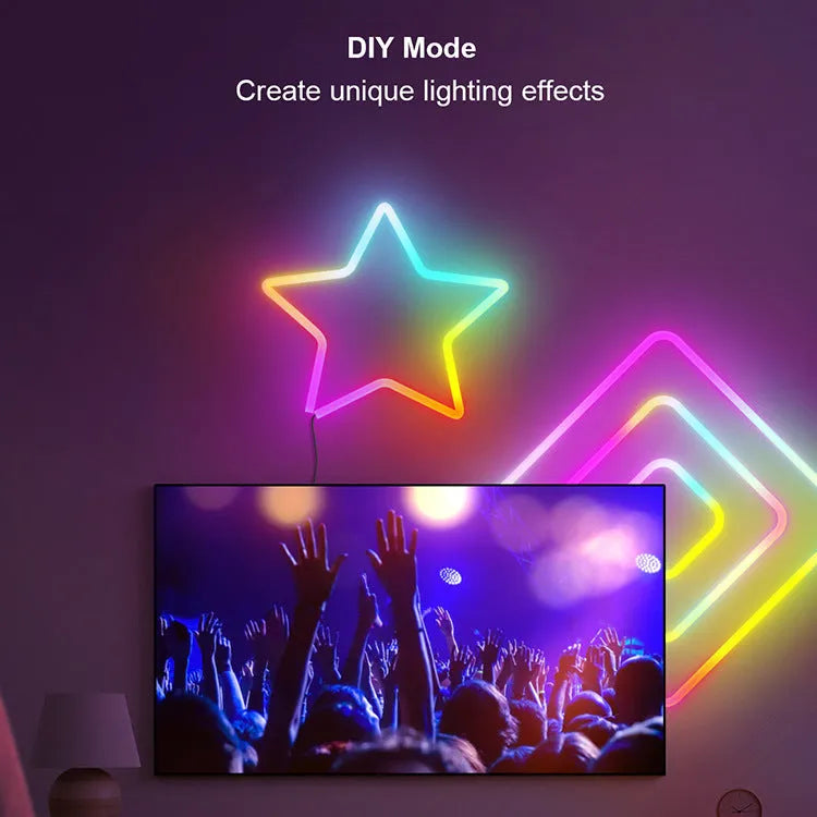 3 metre long flexible RGB LED neon light strip with remote control on a white background.