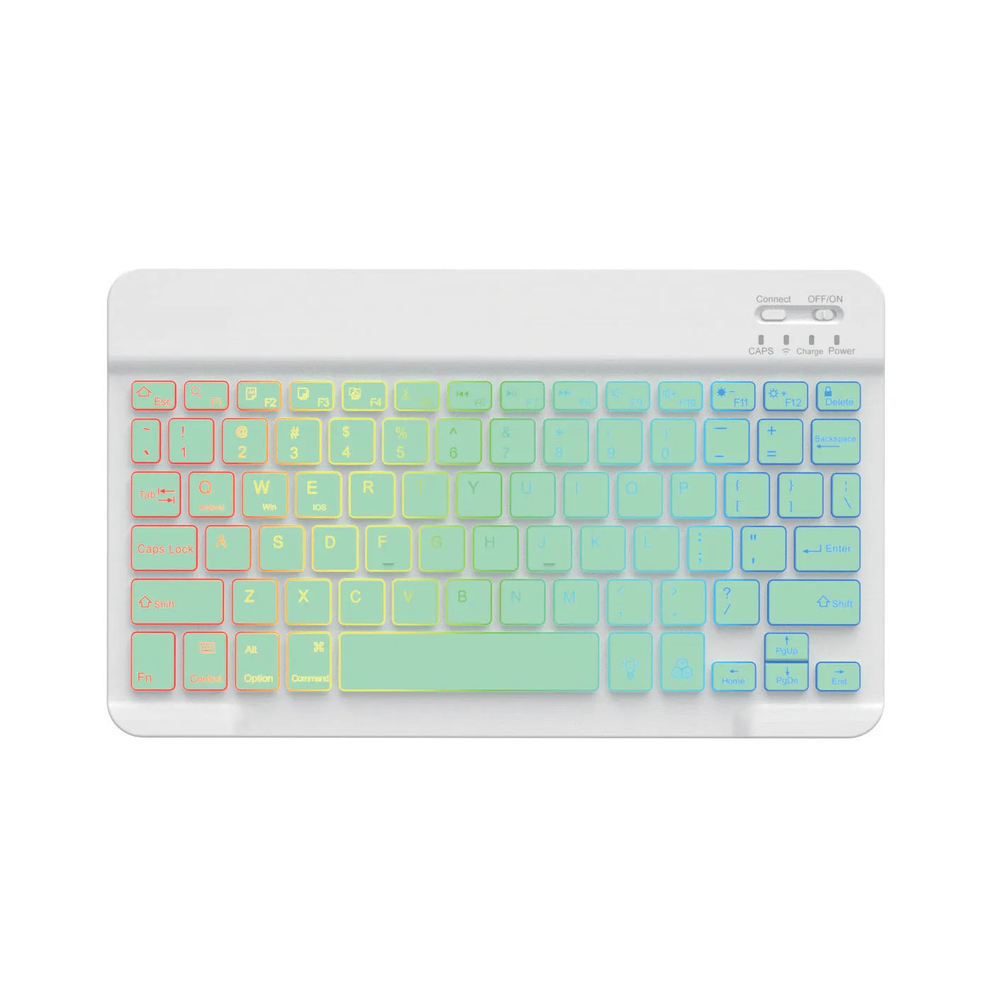 Compact 10-inch black Bluetooth keyboard with colourful LED backlight, shown next to a tablet.