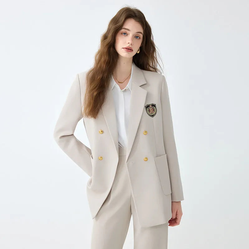 Women's black casual blazer set with long sleeves, solid colour polyester fabric, and matching trousers