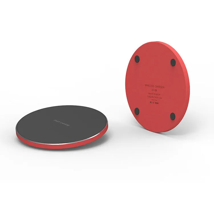 Ultra-thin square wireless charging pad in black, red, white, or yellow colour on a desk.