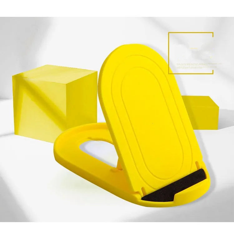Adjustable plastic mobile phone stand in one of six colour options: black, blue, grey, pink, white, or yellow.