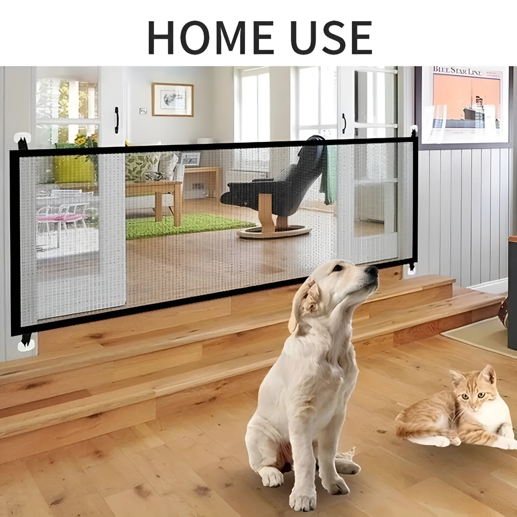 Foldable pet dog gate made of fibreglass mesh with hooks for no-drill installation in a doorway