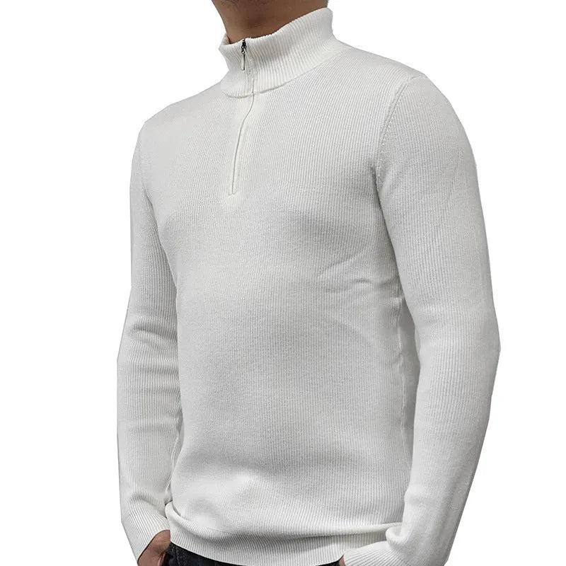 Men's black half-turtleneck zipper sweater pullover on a hanger.
