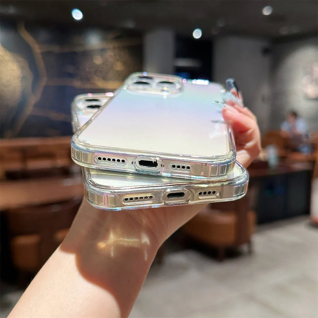 Colourful PC TPU phone case with mirror finish for iPhone 15 series, pink and purple options shown