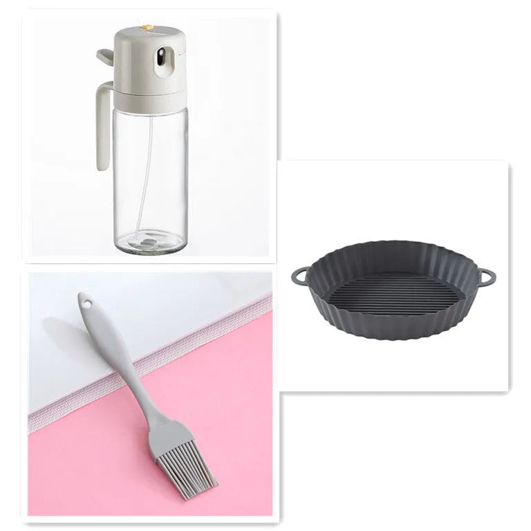 Warm grey glass oil sprayer and pourer bottle with switchable cap and detachable nozzle.