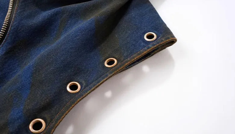 Blue Korean style hooded denim vest with matching trousers, zip-front closure, regular length cut
