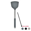 12-piece silicone kitchen utensil set in rotating storage bucket, showing spatula, ladle, and other tools.