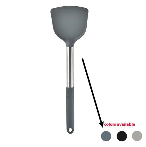 12-piece silicone kitchen utensil set in rotating storage bucket, showing spatula, ladle, and other tools.