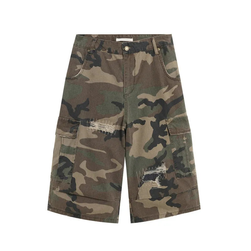 Men's loose-fit camouflage cropped jeans with ripped patches and straight leg
