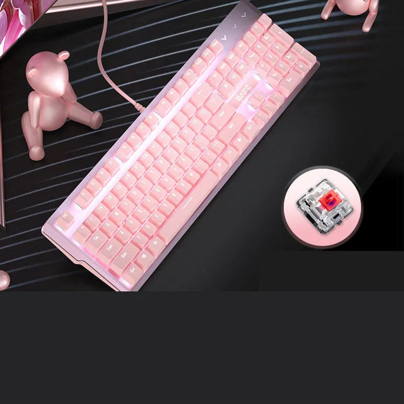 Pink mechanical keyboard with 104 keys including numeric keypad, showing green/black/red switch options