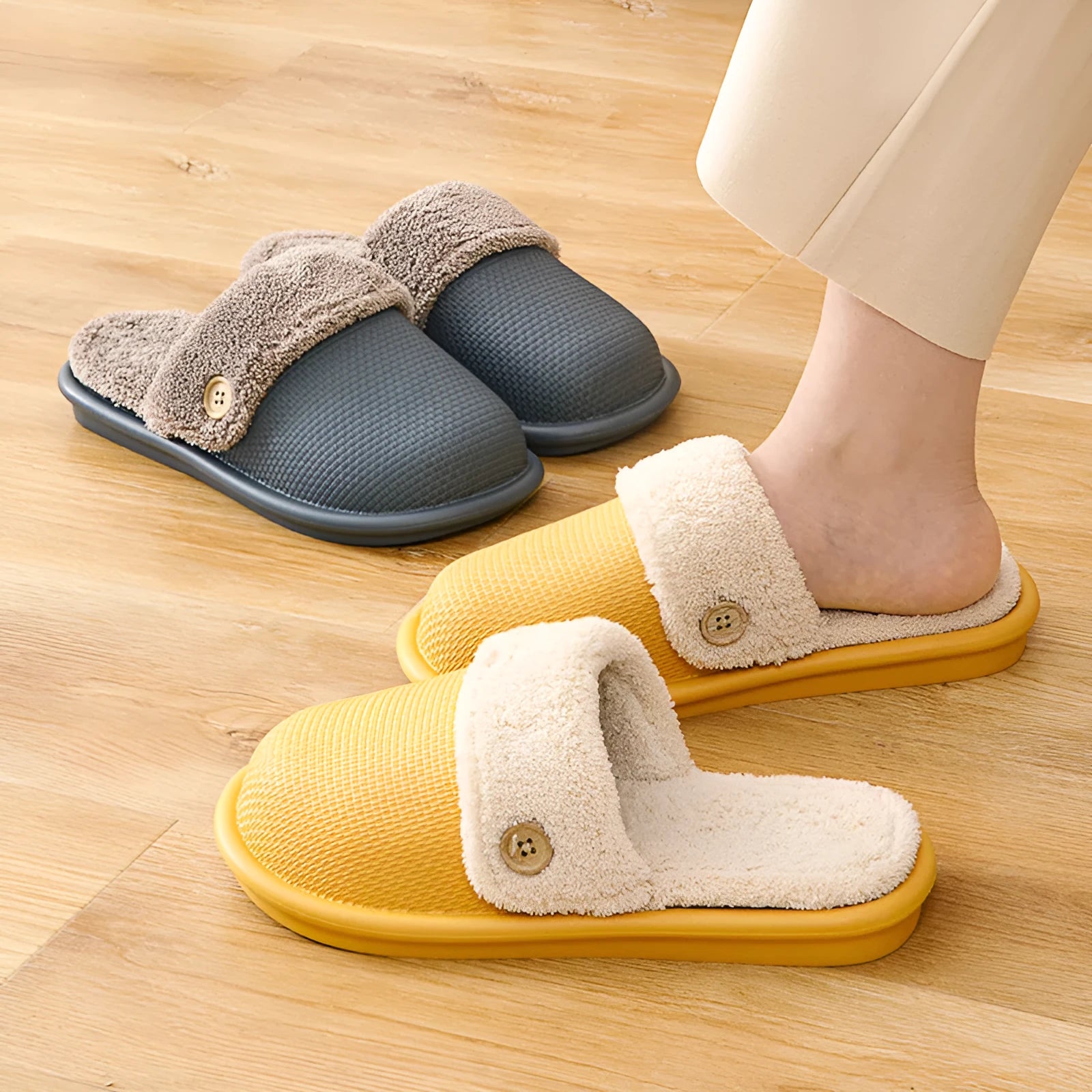 Grey non-slip EVA indoor slippers with artificial wool inner and removable insole, side view