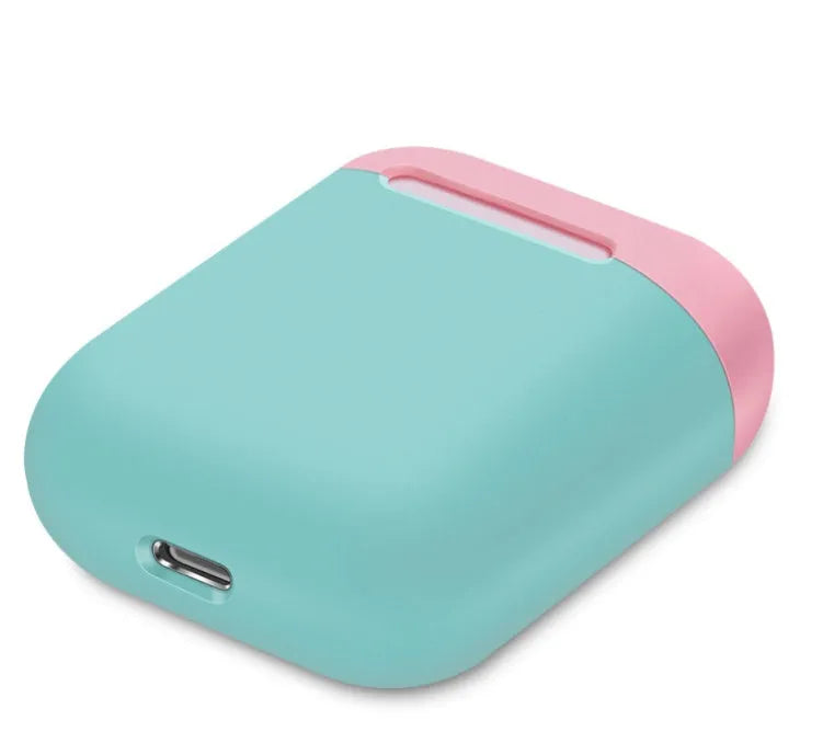 Split-shell silicone protective case for Apple AirPods charging box in a selection of colours on a plain background.