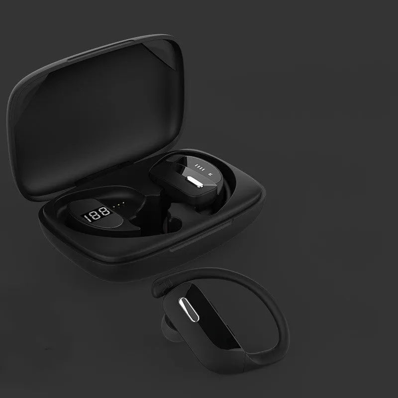 Black wireless Bluetooth headset with LED digital display showing battery and connection status