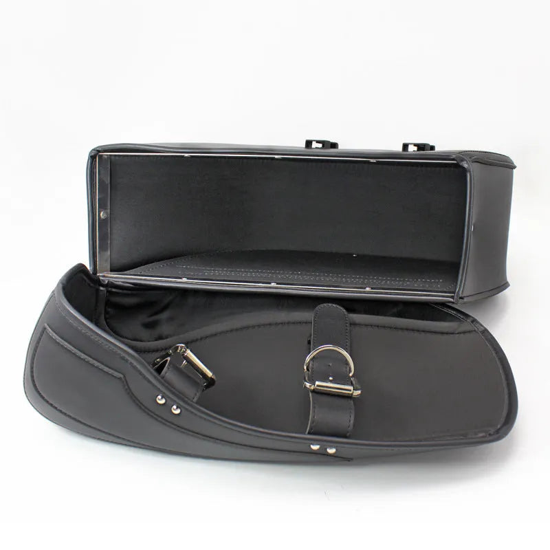 Retro style motorcycle saddle bag in PU leather with side mounting hardware in black or brown