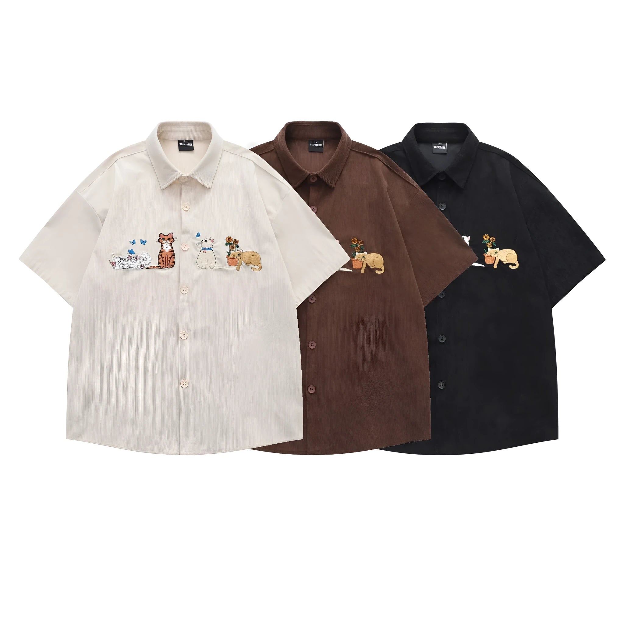 Loose casual shirt with cartoon embroidery pattern in polyester fabric