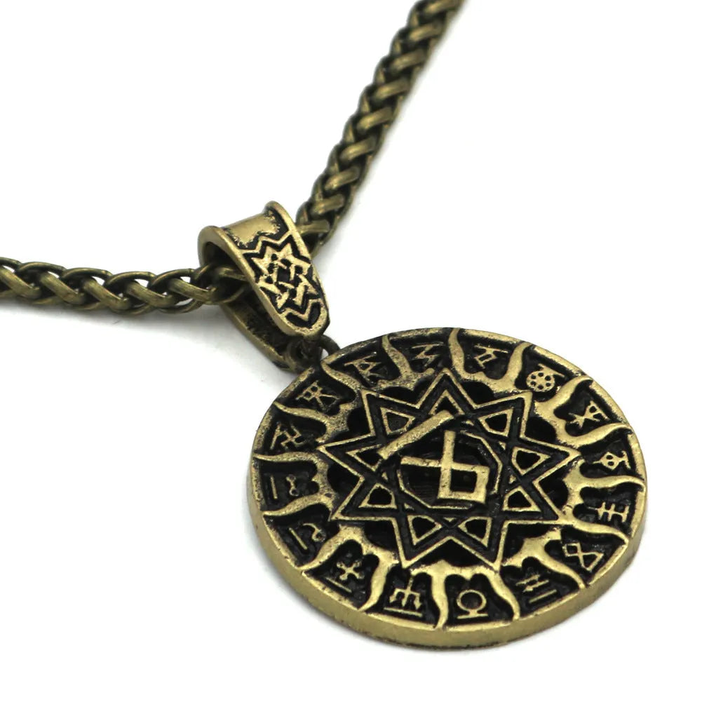 Close-up of Lunavin ODing logo pendant on an antique silver snake bones chain with leather rope alternative.