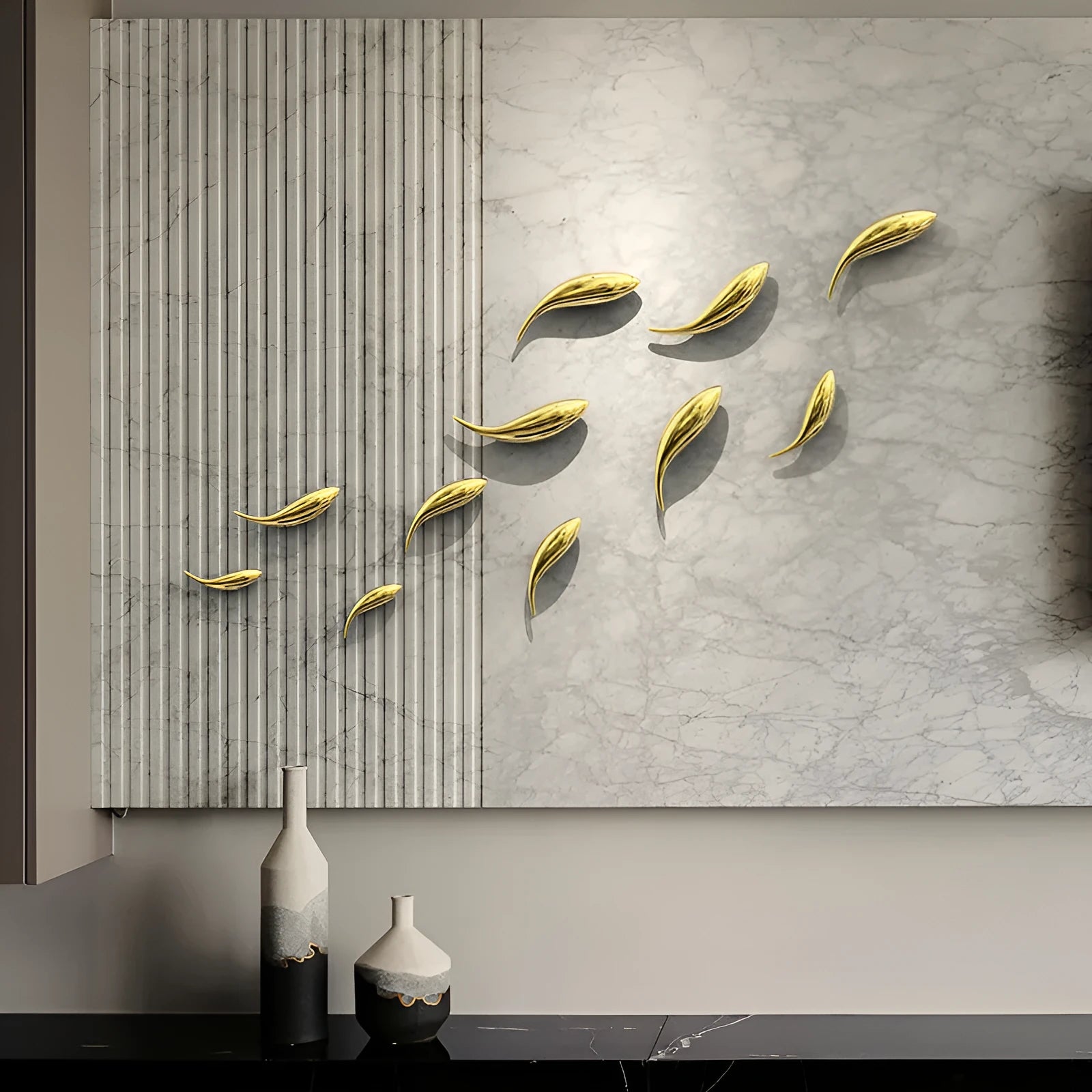 Irregular plastic wall decoration pendant in silver large left orientation 23cm with living room wall background