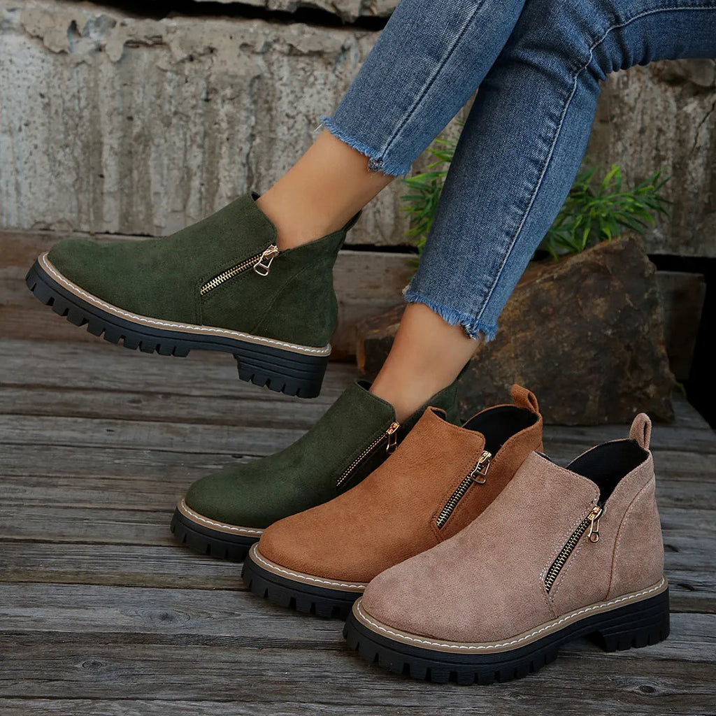 Suede ankle boots with side zipper, chunky heel, round toe, low tube, solid colour women's footwear