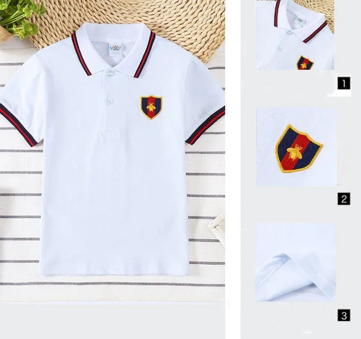 Boys short sleeve cotton t-shirt in Korean style with lapel collar, available in four solid colours
