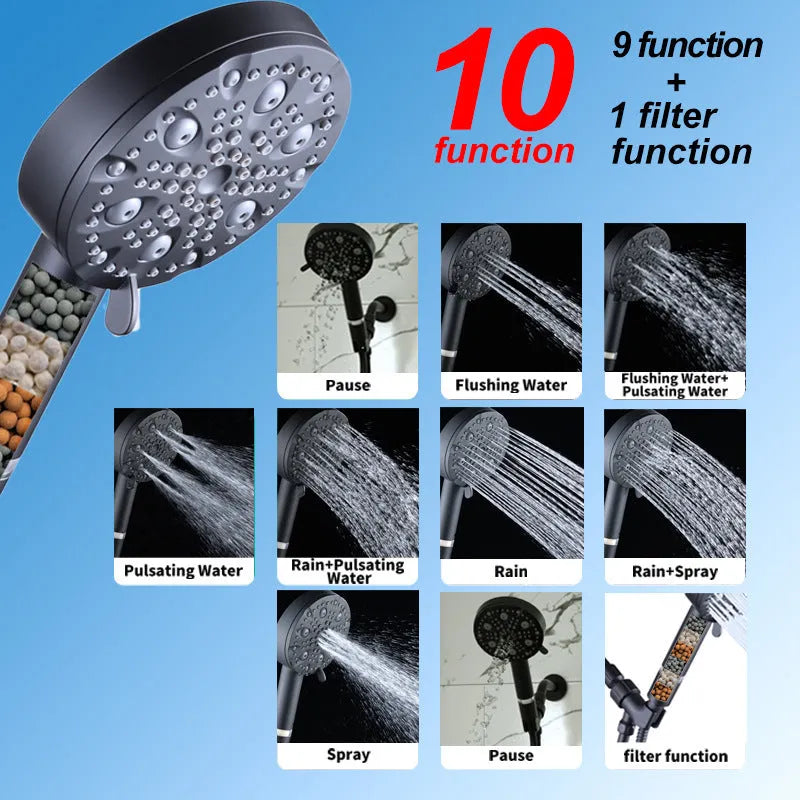 Matte black handheld shower head set with filter, hose, and bracket, 0-100°C, ABS