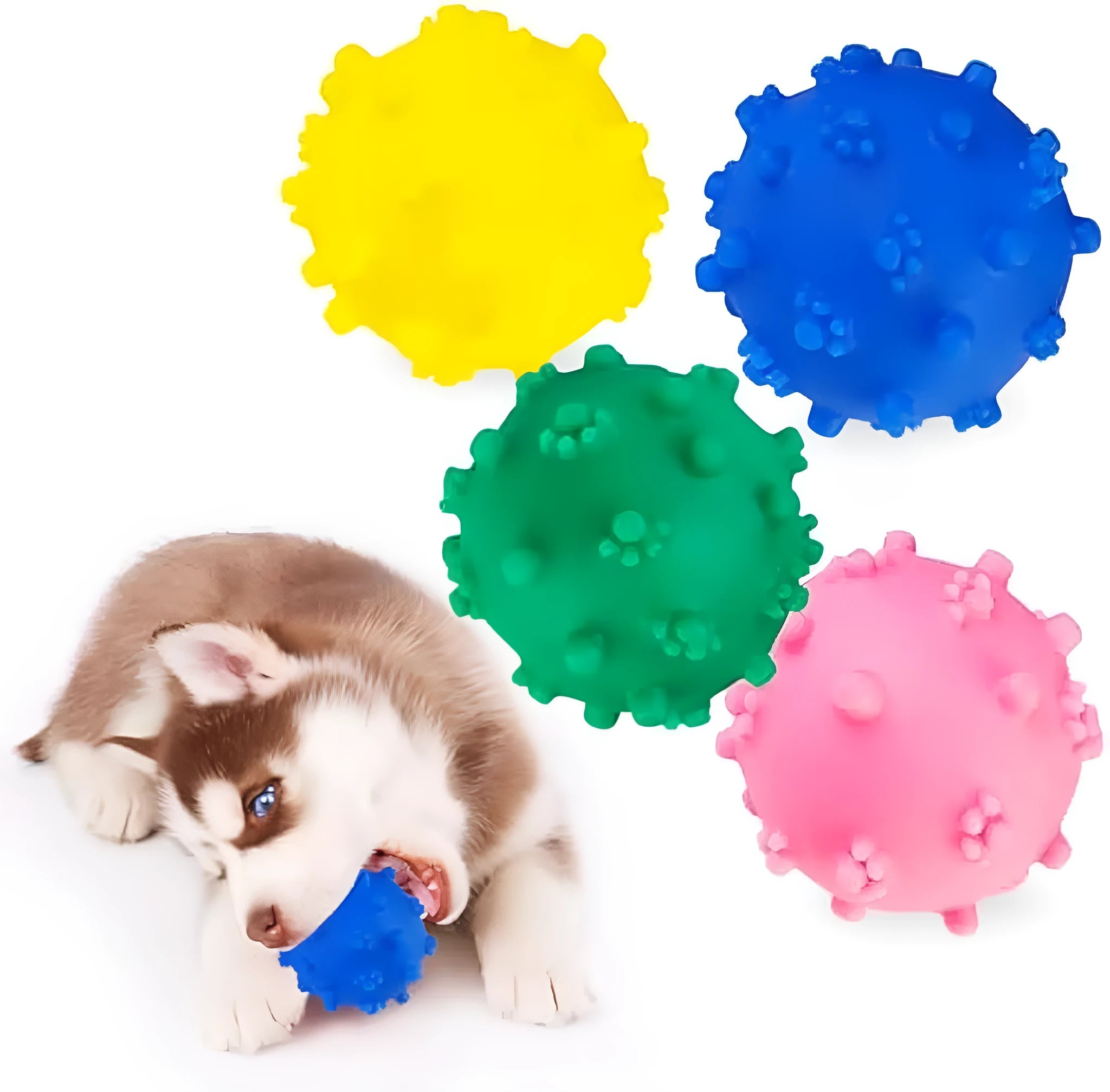 Bright blue spiky squeaky dog ball with paw-print dimples, 2 inches in diameter.