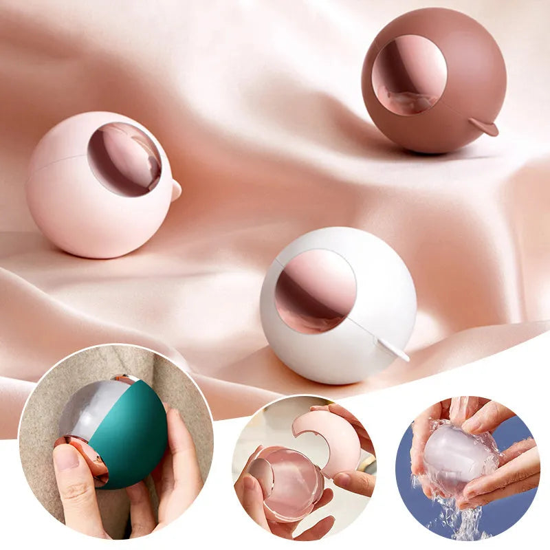 White reusable lint roller ball with handle for removing pet hair from fabric.