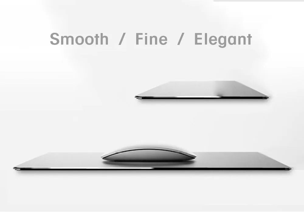 Aluminium alloy metal mouse pad double-sided with wrist support in black, gold, and silver colours, 230x180mm to 600x300mm sizes