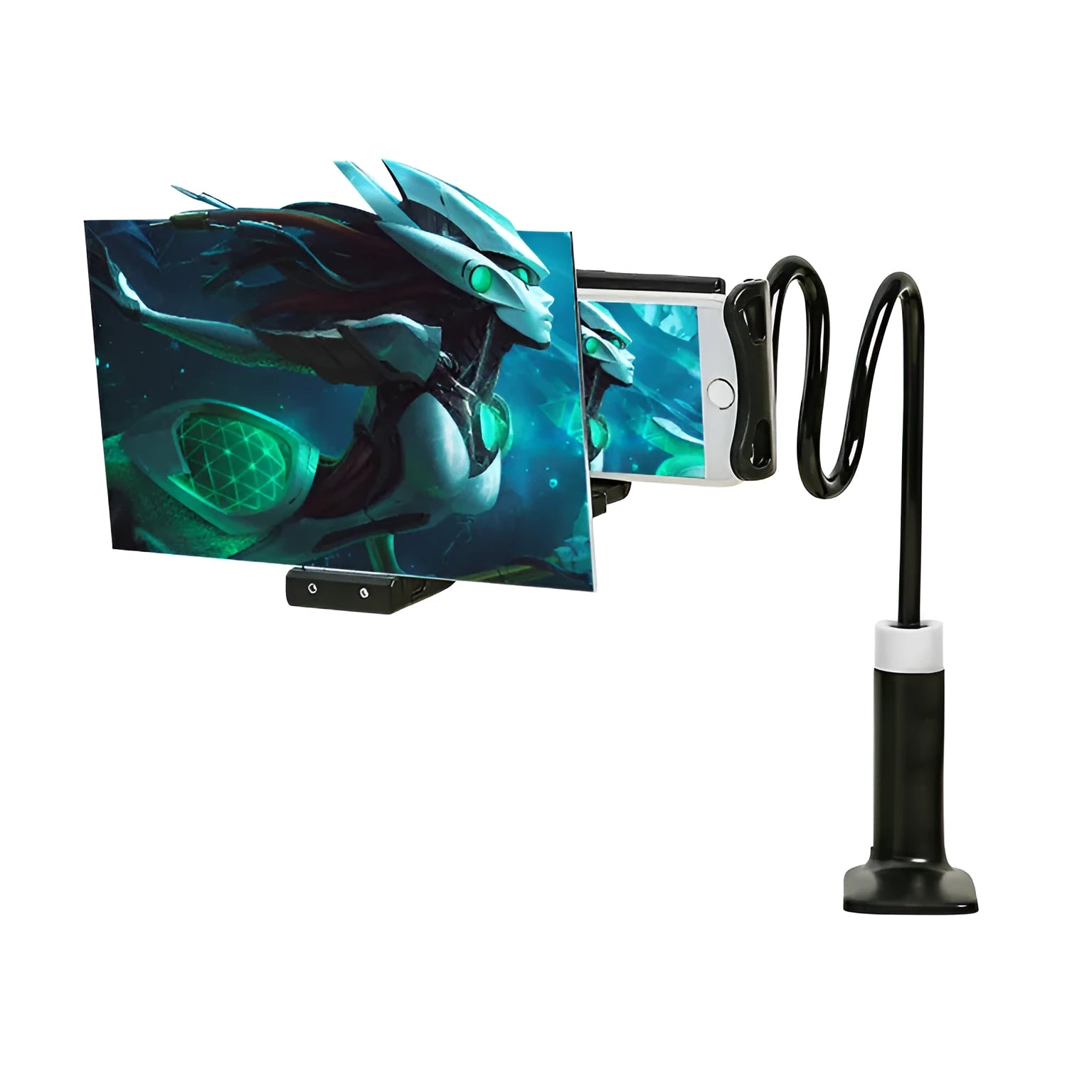 Black 12-inch mobile phone screen amplifier with adjustable bracket showing acrylic blue lens display