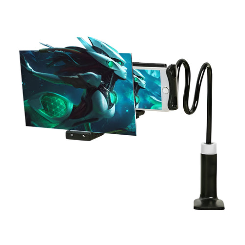 Black 12-inch mobile phone screen amplifier with adjustable bracket showing acrylic blue lens display