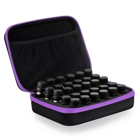 Red EVA essential oil storage bag with 30 compartments for 15ml bottles, shown hanging on a wall.