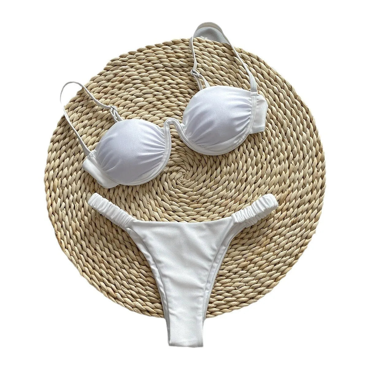 Women's black underwire bikini swimsuit with split briefs on a mannequin.