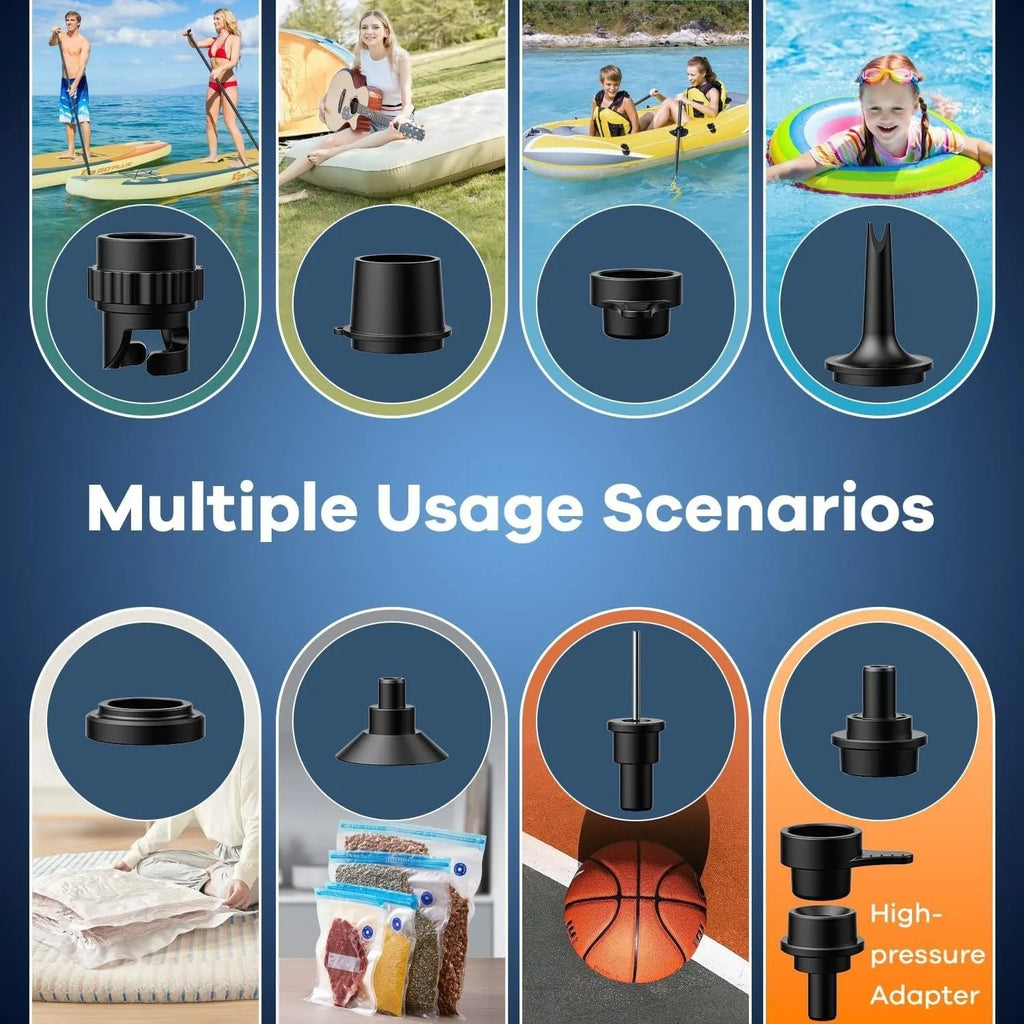 Black wireless portable air pump with LED lighting functions and compact design