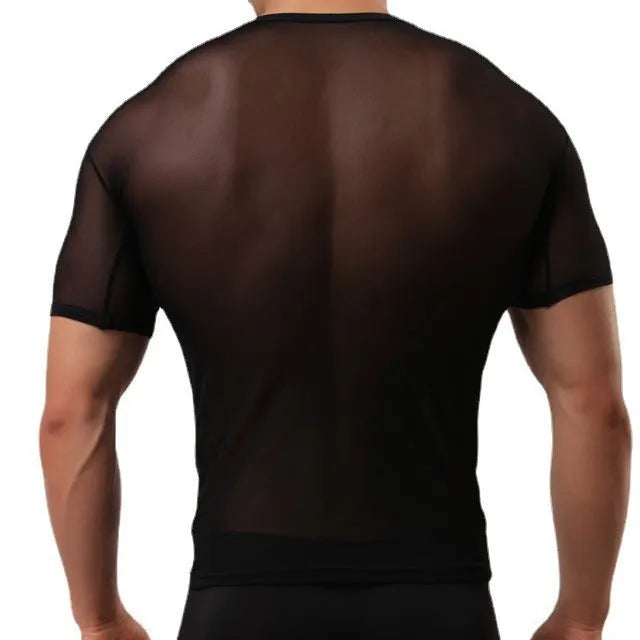 Men's slim fit nylon mesh T-shirt in solid colours including sapphire blue and black.