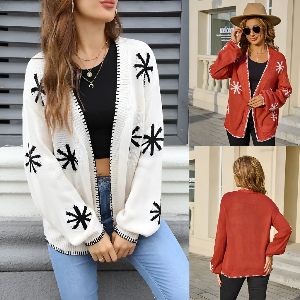 Plus size women's jacquard knitted coat with floral pattern in beige or orange colours, showing off-neck design and loose fit