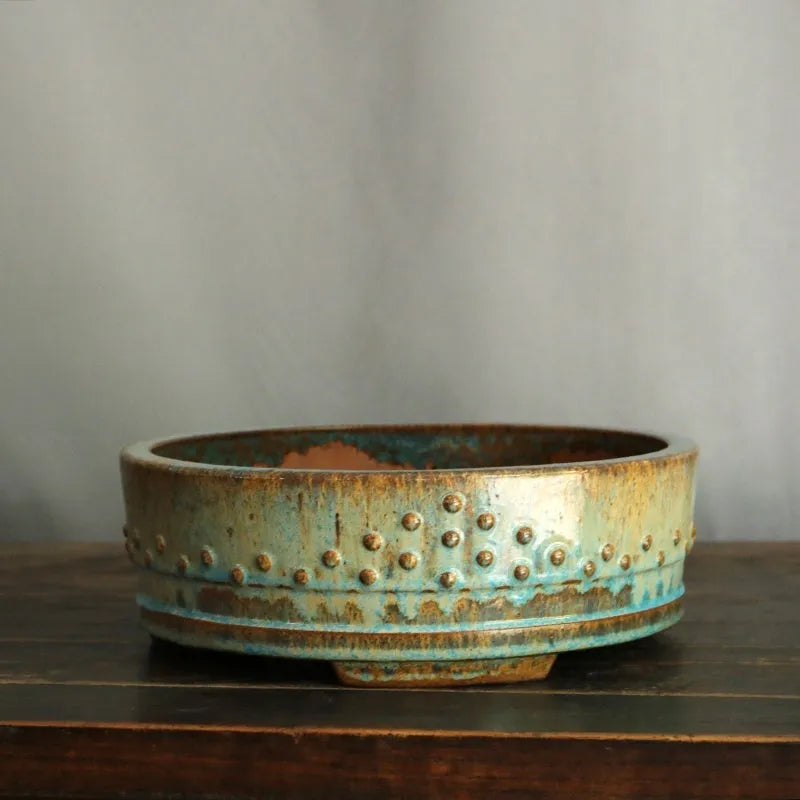 Purple sand handmade round drum ceramic flower pot with high-temperature firewood glaze