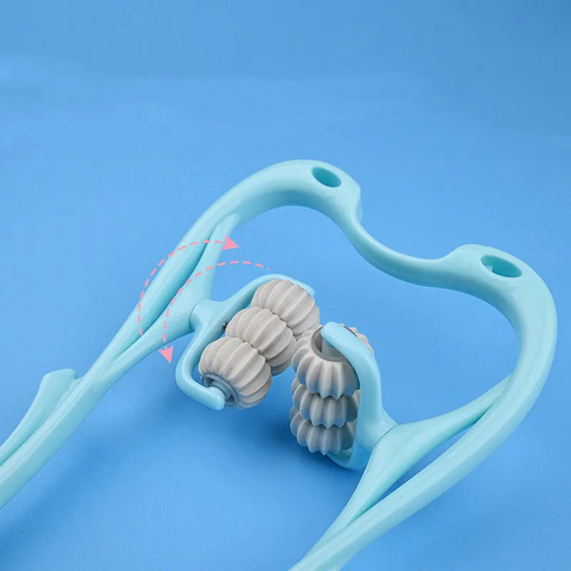 Swan-shaped six-wheel manual neck massager in blue with natural crystal jade scraping board