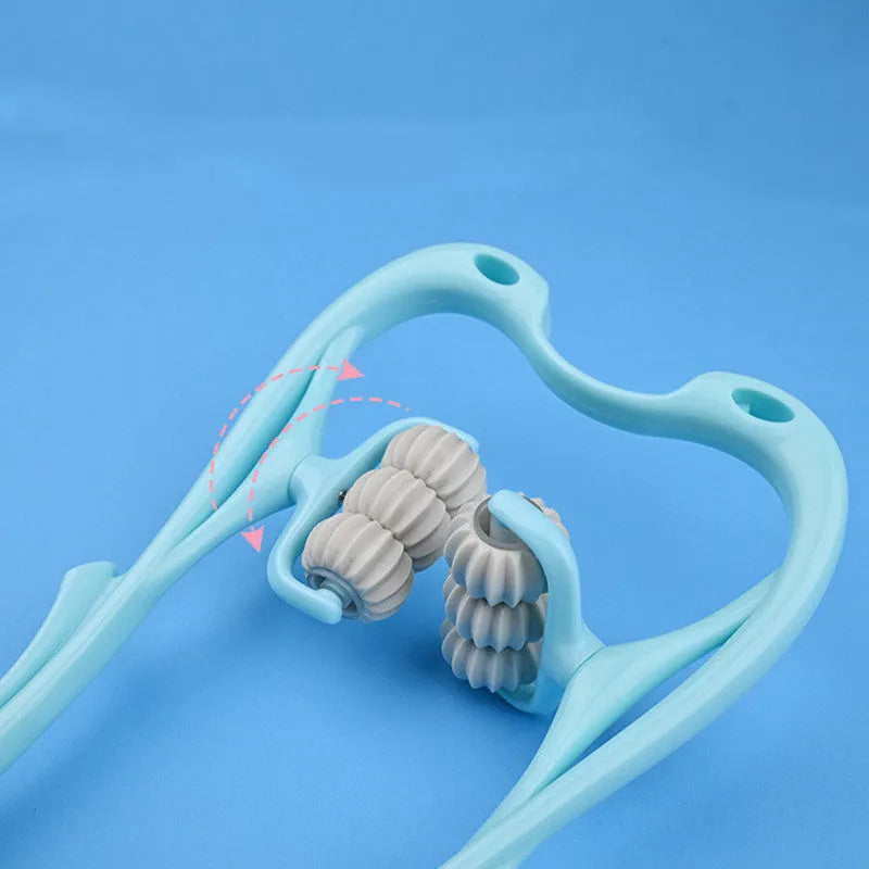 Pink manual six-wheel neck massager with jade scraping board on white background