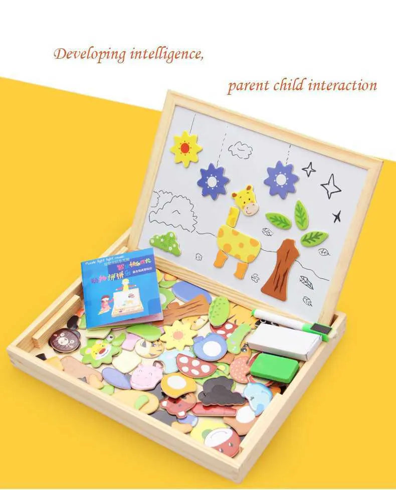 Wooden magnetic puzzle board with animal and vehicle pieces on drawing surface