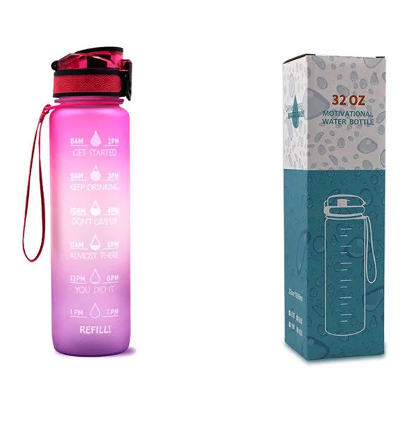 Blue and red gradient 1 litre Tritan sports water bottle with time markers and flip-top lid