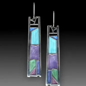Silver water drop shaped women's earrings with irregular oil colour texture
