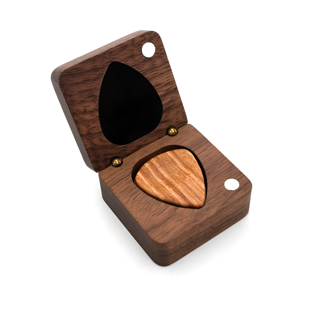 Wooden guitar pick box storage container made from Sapele wood with a brown finish