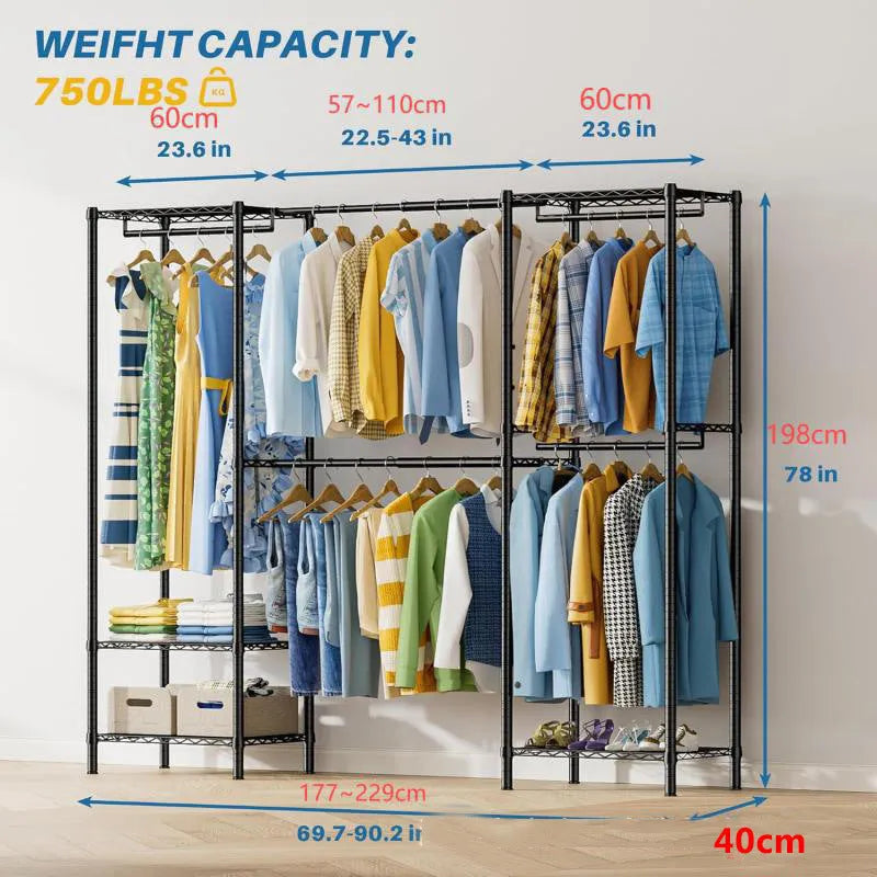 Black floor standing metal clothes storage rack with garments hanging