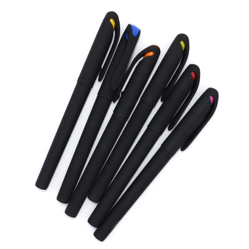 Set of 10 plastic gel pens with various coloured barrels and black ink refills showing 14cm length