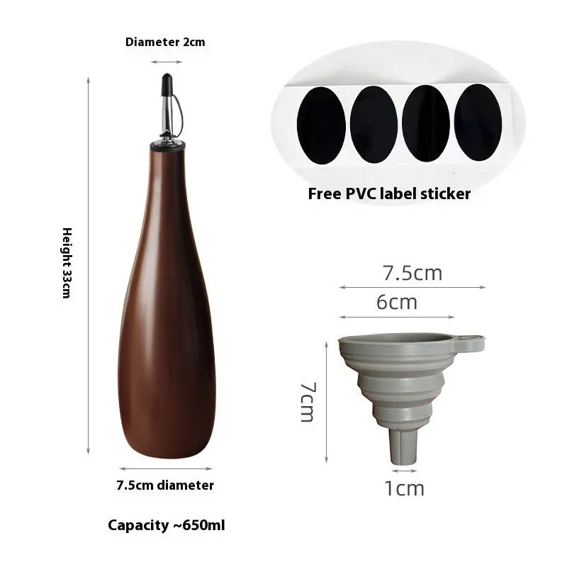 Ceramic oil pot with plastic funnel and brush in black, coffee, or white colour, 650ml capacity